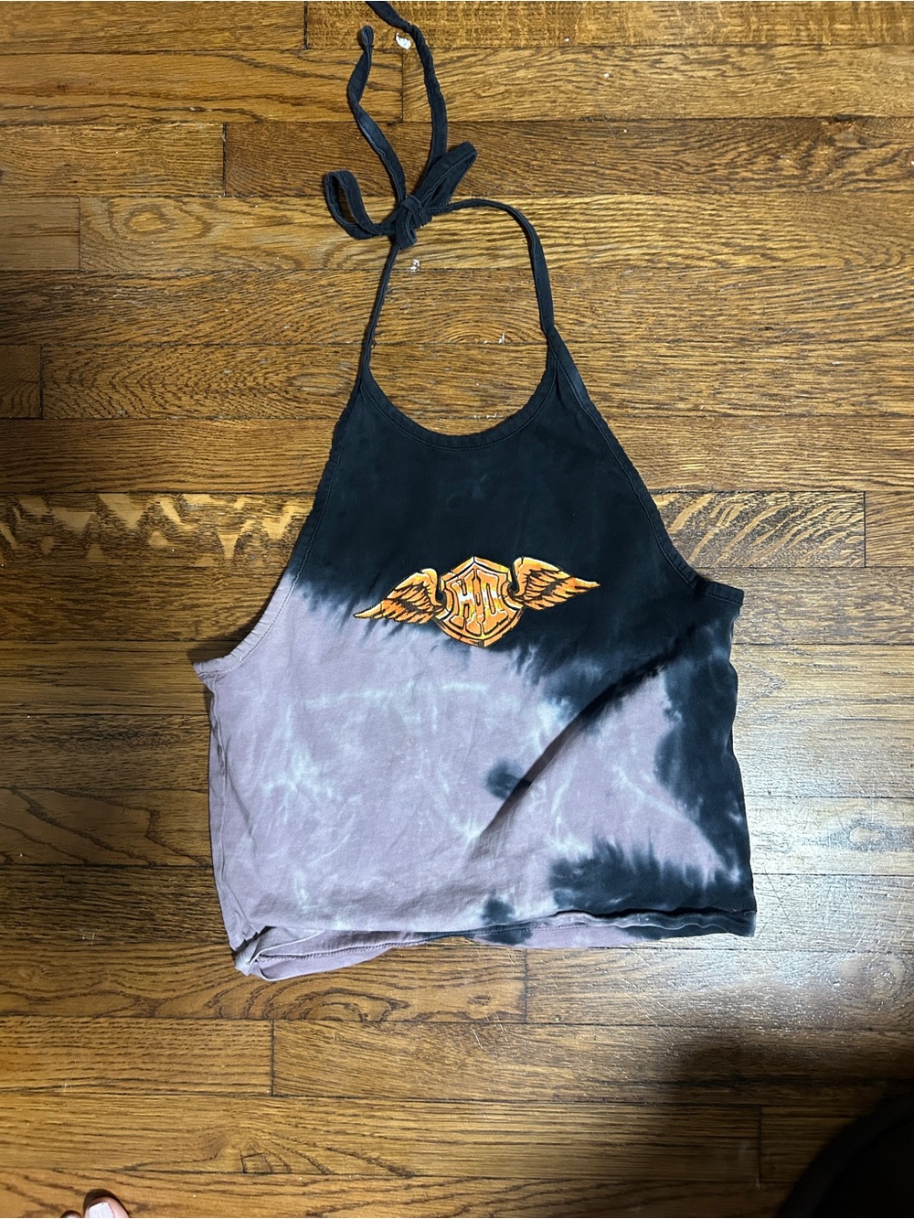 Harley-Davidson Black & Mauve Tie-Dye Halter Crop Top with Orange Wing Emblem